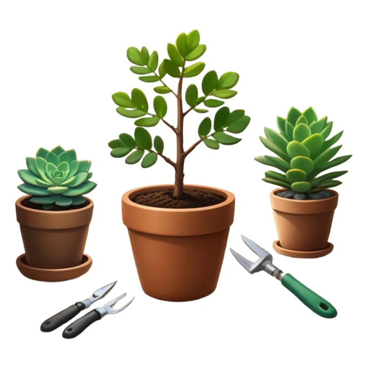 Close-up of a potted sapling in rich soil surrounded by vibrant plants and succulents. Bright sunlight filters through the window, casting soft shadows. Nearby gardening tools rest on a wooden table. Cozy indoor atmosphere with greenery and flowers. sticker