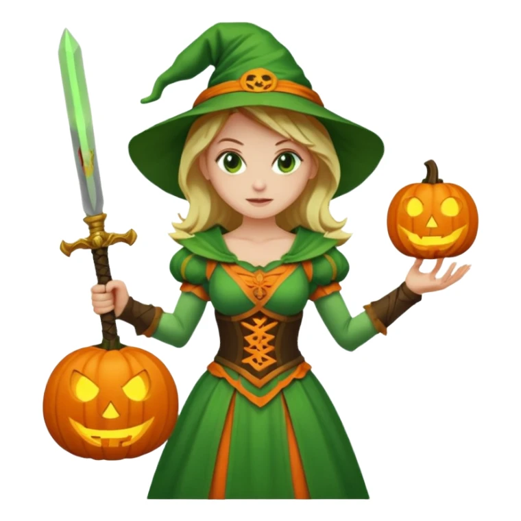 Woman Hunter With Jack o Lantern, wearing green costume, with sword sticker