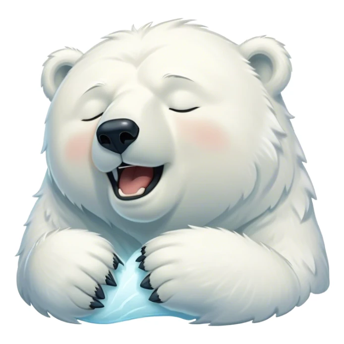 Cinematic Cute Yawning Polar Bear Portrait Emoji, Head tilted slightly with a dramatic, wide-open yawn, showcasing luxuriously thick fur and sleepy, half-closed eyes radiating drowsy contentment, Simplified yet irresistibly adorable features, highly detailed, glowing with a soft, cozy polar light, high shine, relaxed yet expressive, stylized with a dash of whimsical arctic charm, soft glowing outline, capturing the essence of a drowsy yet affectionate guardian that seems ready to stretch out for a nap! sticker