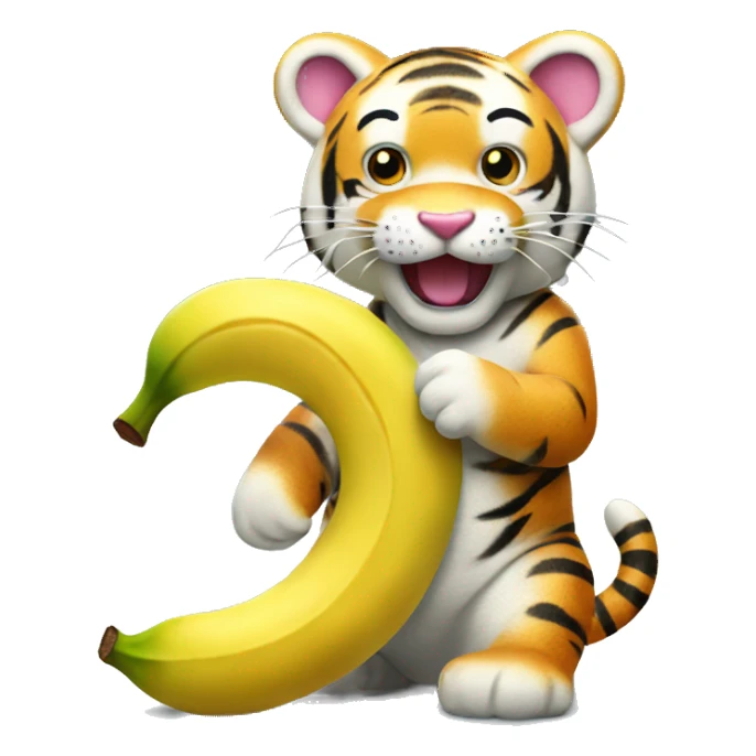 Happy tiger eating a banana with hello kitty sticker