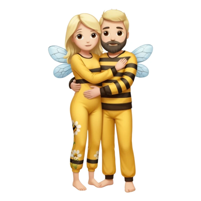 Grown up man with long dark brown long, white skin, medium beard, full body in cute bee pijama hugging a woman with blonde hair, white skin, dressed as a flower  sticker