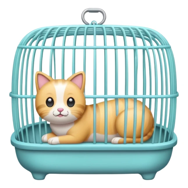 A cute emoji-style empty pet cage — cartoon look, rounded design, pastel colors, with vertical bars and a small handle on top. The cage is completely empty inside. No animals, no cats, no creatures — just the cage sticker