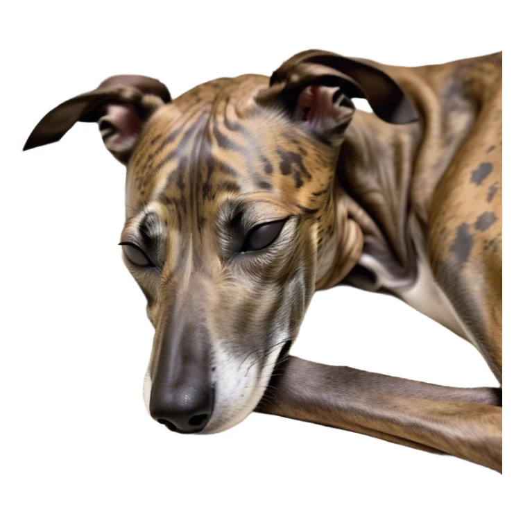 Meme-Worthy Cute Sleeping Brindle Greyhound Portrait Emoji, Head resting peacefully with a contented smile, showcasing a slender build and a luxuriously smooth brindle Fur, eyes shut in a serene nap, Simplified yet hilariously adorable features, highly detailed, glowing with a soft, drowsy light, high shine, relaxed and utterly lovable, stylized with an air of playful laziness, bright and heartwarming, soft glowing outline, capturing the essence of a comically sleepy racer, so meme-worthy it feels like it could instantly become the next viral sensation of adorable slumber! sticker