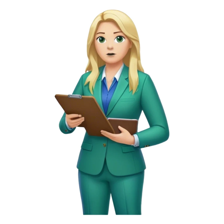 Full Body white plus size female basketball head coach coaching using a clipboard with long blonde hair in a blue and green suit sticker