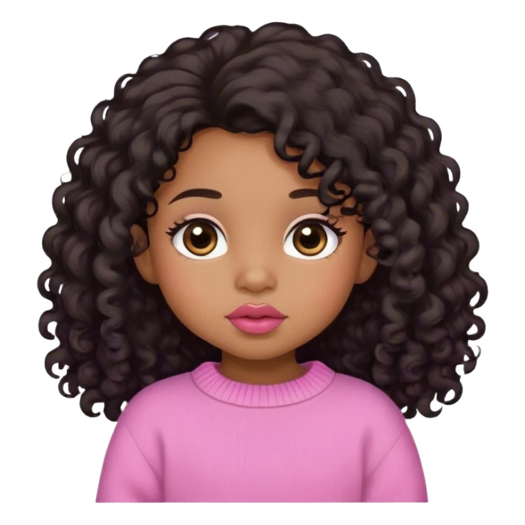 medium brown skin tone, very adorable toddler, with big plump lips, long long lashes, black curly long hair, brown eyes, pink sweater sticker