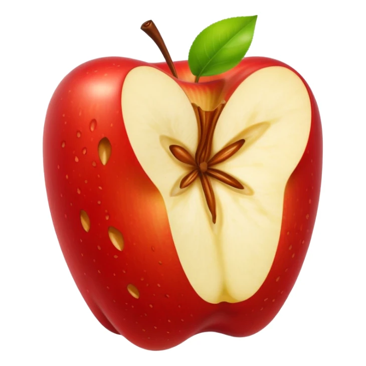 an apple core with visible seeds and a cartoonish look sticker