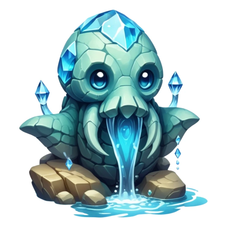 Design a unique elemental sandstone guardian golem creature that combines the crystalline rock golem's defensive fortitude with the spectral water serpent's fluid grace, perhaps creating a being with a segmented stone core that flows like water and channels ghostly aquatic energy through embedded gems. glowing like the abyss fish sticker