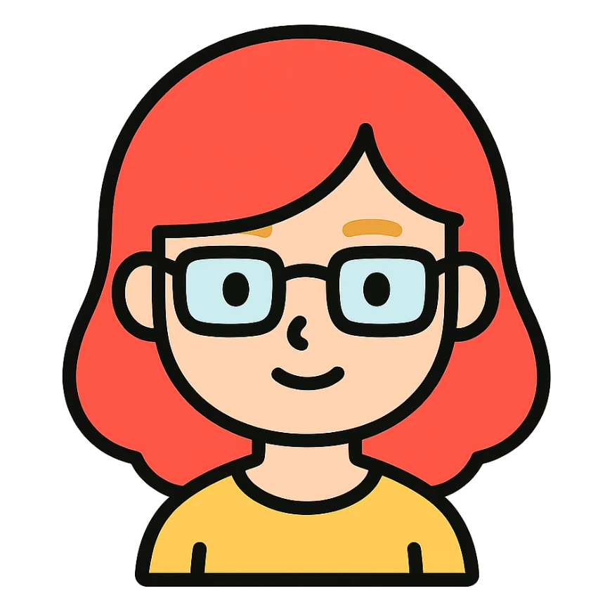 A red-haired girl with blond eyebrows and square glasses sticker