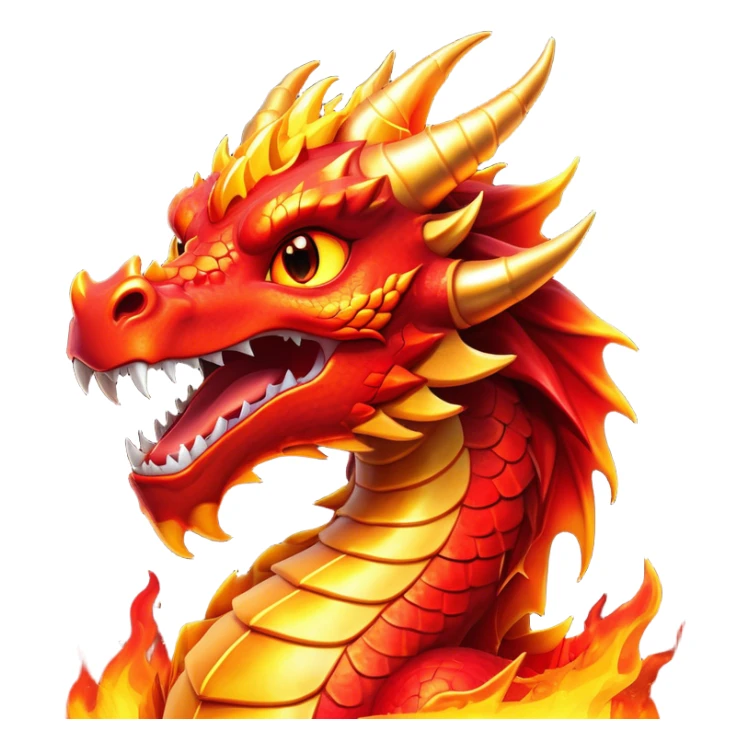 Cinematic Comical Fierce Fire Dragon Portrait Emoji, Head tilted dramatically with an exaggeratedly amused expression, featuring a striking, flame-draped body with bold, blazing scales in intense red and molten gold, and eyes twinkling with fiery mischief; rendered with vivid, lifelike textures and dynamic, flickering shadows, high shine, dramatic yet playful, styled with an air of cheeky volcanic mischief, soft glowing outline, capturing the essence of a spirited and over‐the‐top inferno that looks ready to burst into a cascade of playful embers! sticker