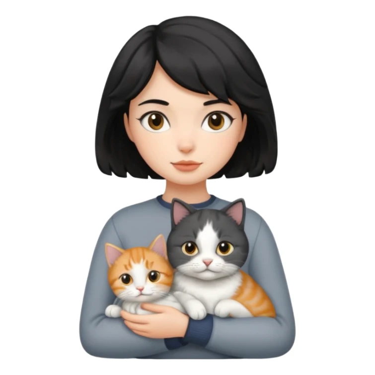 wavy black haired girl with a short haitcut holding a british cat sticker