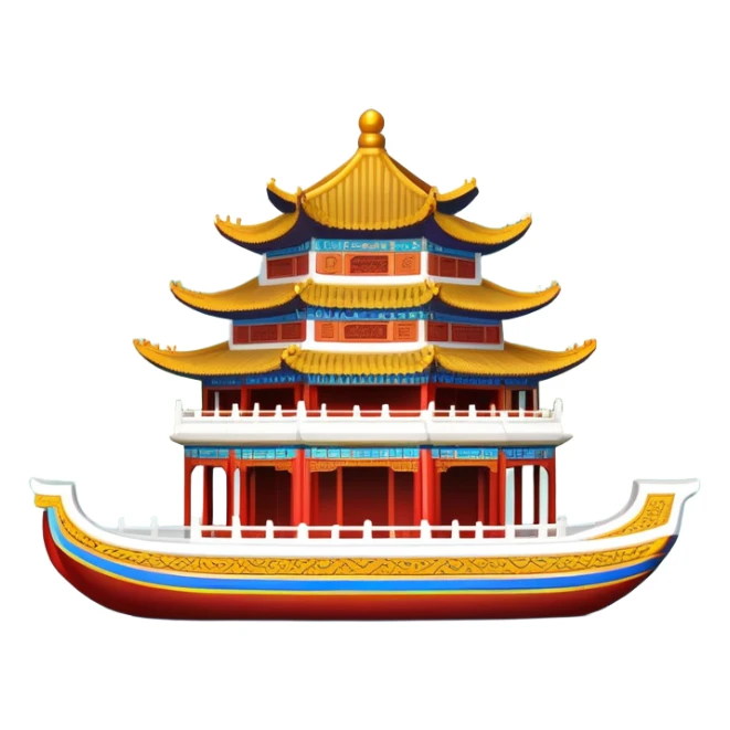 Summer Palace Beijing with marble boat, simplified emoji style with bold outlines and bright colors, cartoon style traditional Chinese palace on lake sticker