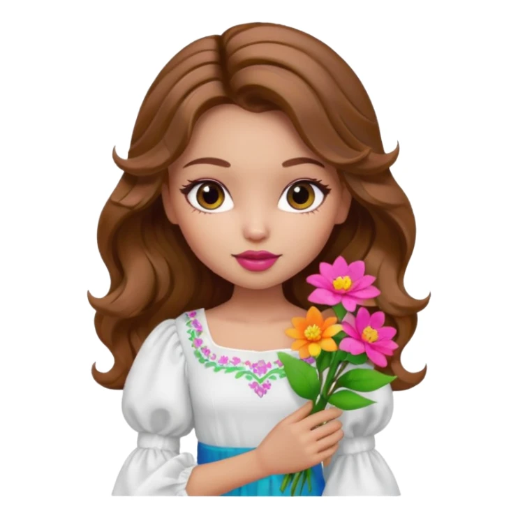 generate a pretty bratz girl with in a white puff sleeve top.  light lipgloss on . Brown wavy hair long. carrying flowers  sticker