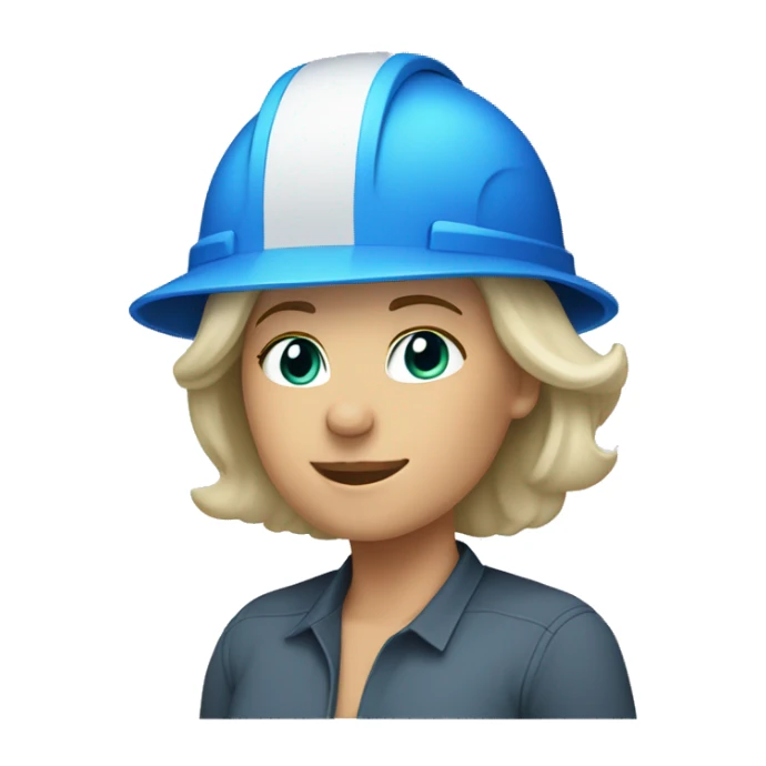 white woman short grayish blond hair construction blue hard hat helmet sticker