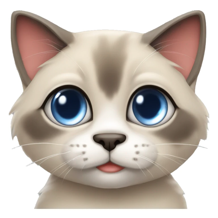 Long, chubby, cute, flat beige fur, blue round eyes, round pupils, Siamese and ragdoll mix cat, a grey face pattern, fur in his ears, wearing a red ribbon, a long slim tail, darker paws sticker