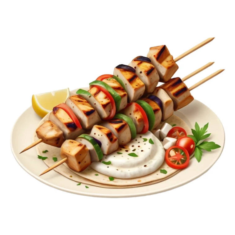 cinematic-realistic-souvlaki-dish-emoji,-showcasing-skewered,-2 grilled-chicken-with-mediterranean-spices-rendered-with-dynamic-textures-and-warm,-appetizing-lighting on pita bread on a plate sticker