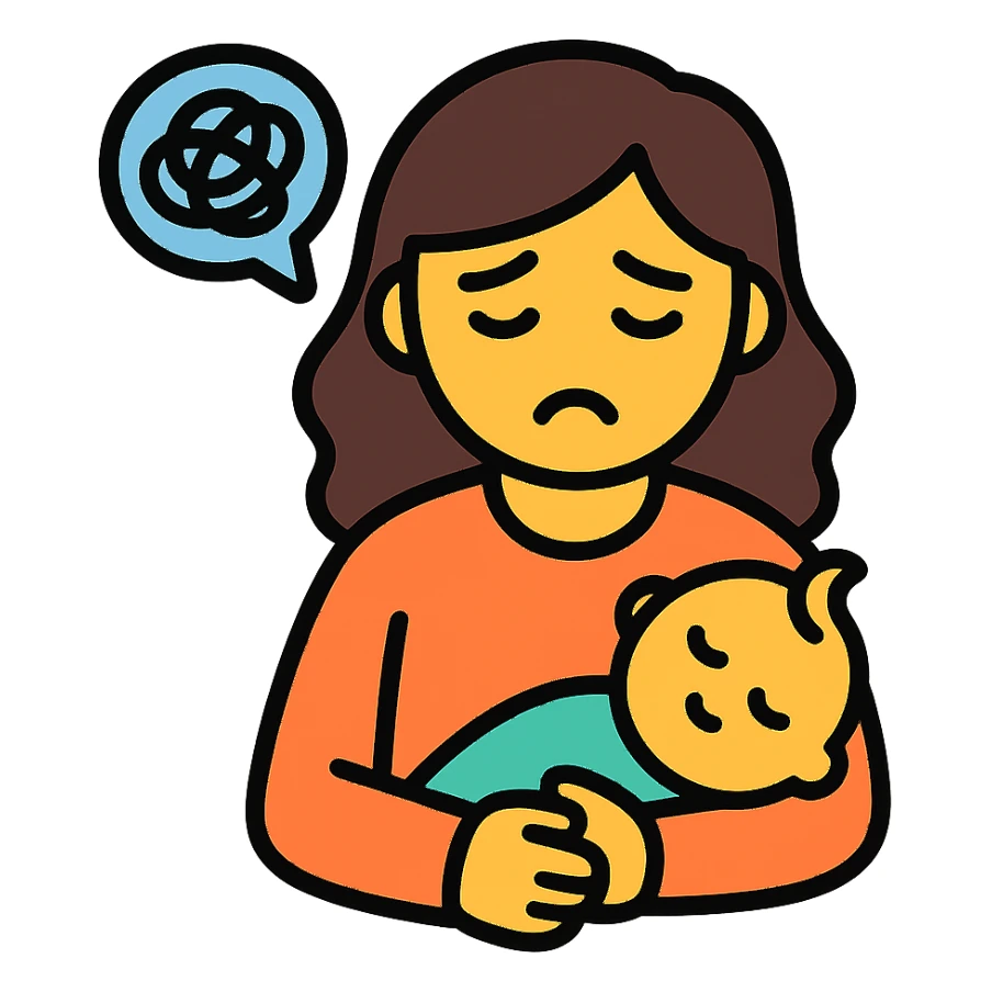 a tired woman holding a baby, modern flat icon style sticker