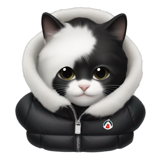 black and white cat wearing black moncler puffer coat sticker