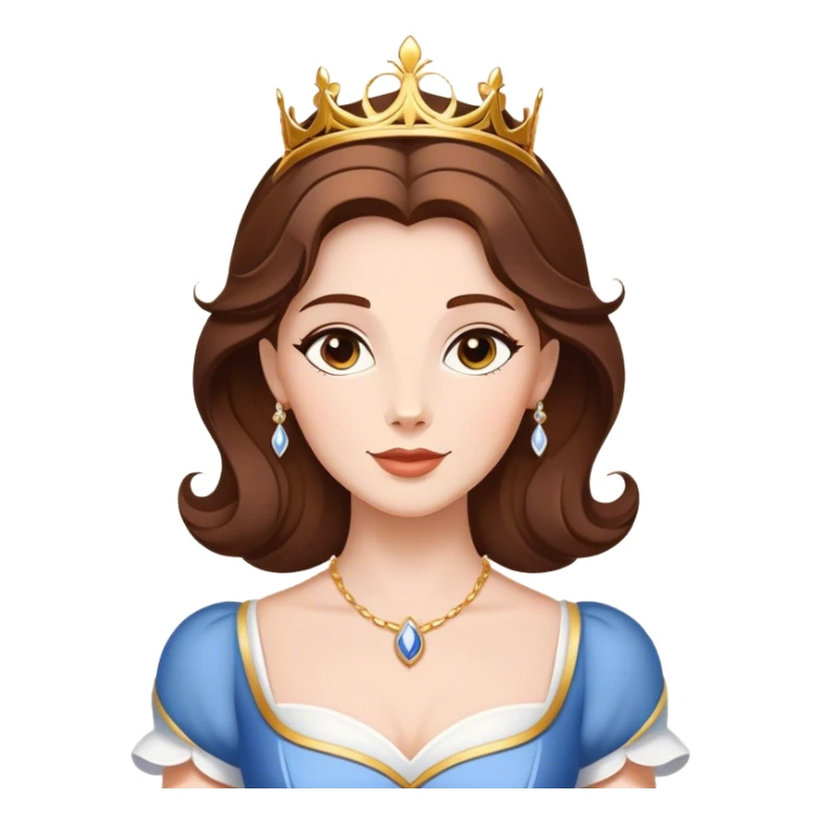 Cinematic Majestic Belle Portrait Emoji, rendered in a clean, vector-style with bold, simplified shapes. Show Belle with a serene, noble expression, fair skin and gracefully styled brown hair, her classic attire refined and understated. The design radiates a majestic, enchanting glow with high shine and a soft glowing outline, embodying royal elegance. sticker