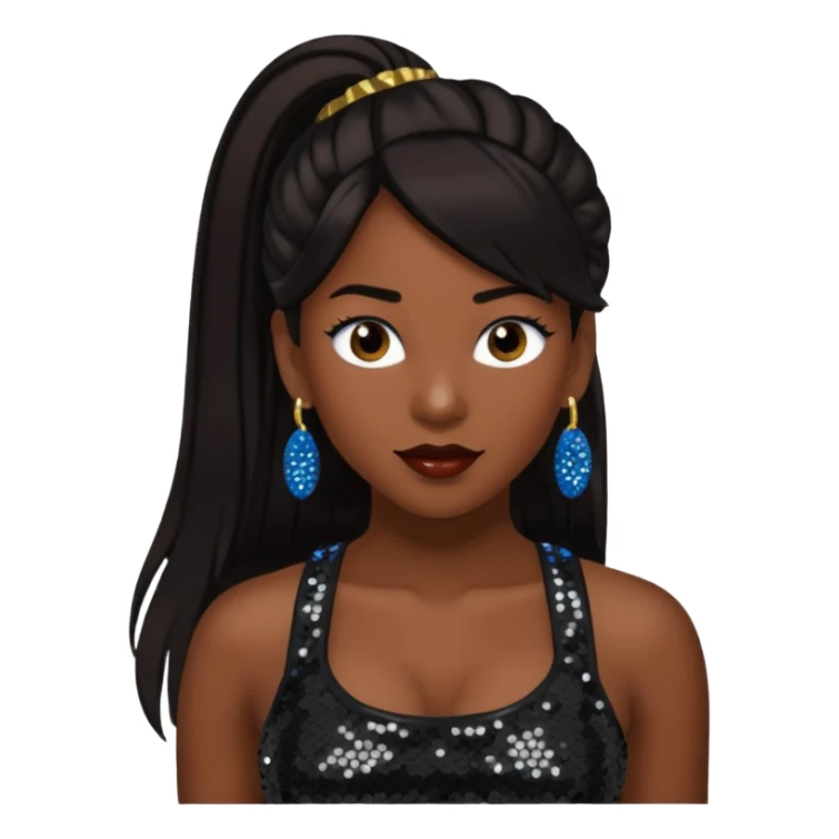 Chilli from TLC with long dark brown ponytail hair, black sequin crop top, black earring, dark skin sticker