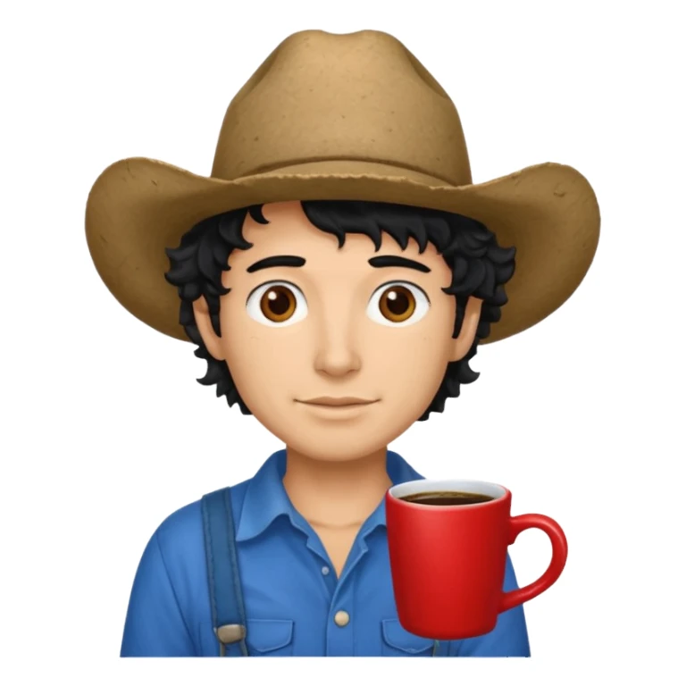 Ranch hand with blue hat and coffee mug, curly black hair, red shirt sticker