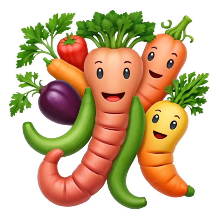stylized intestines with fruit and vegetables, emoji style sticker