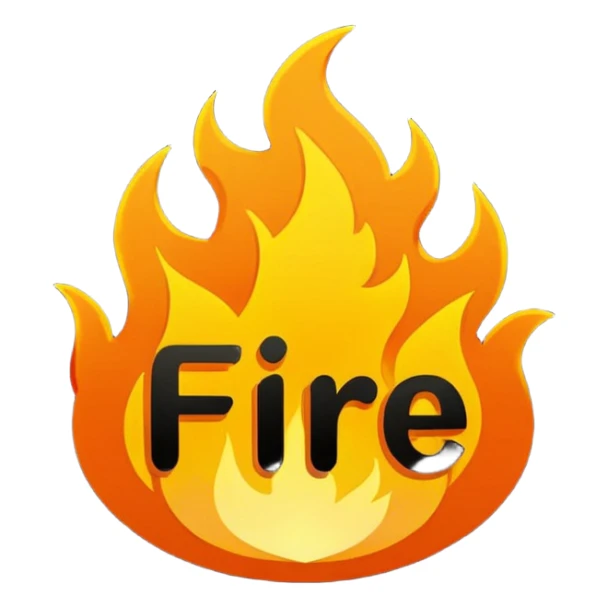 small flame icon emoji with the word 'FIRE' in bold comic-style letters in the center, thick black outline, vibrant orange and yellow, designed for chat reactions and YouTube memberships sticker