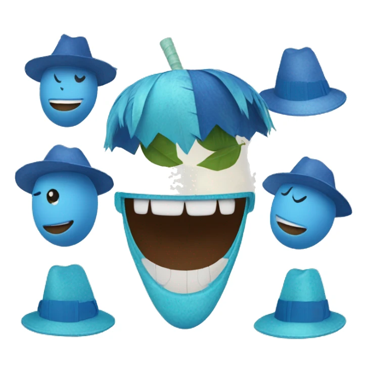 A blue coconut smiling and with diferentes hats like party hats sticker