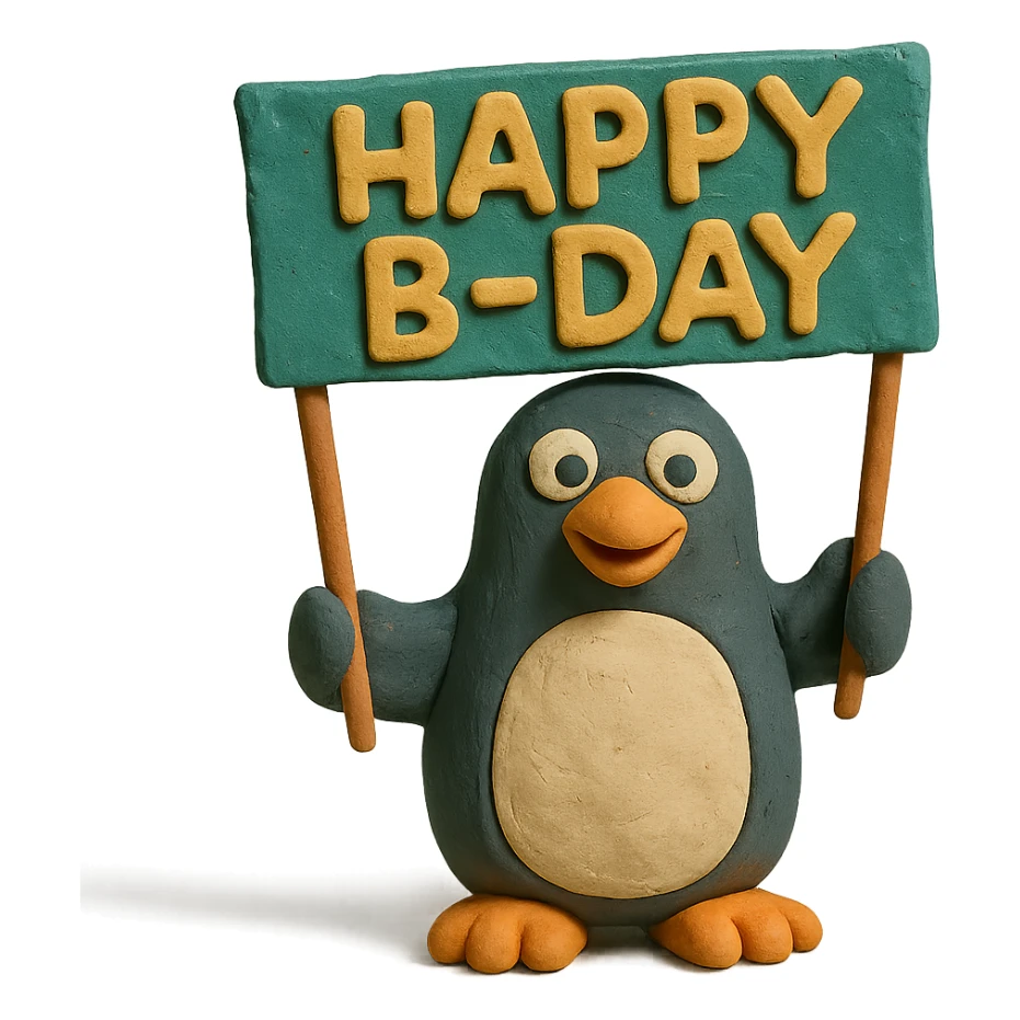 smiling penguin holding 'Happy B-Day' banner, claymation style sticker