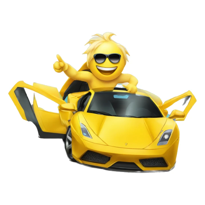 yellow circle with sunglasses and mortaboard stepping out of Supercar pointing towards us with smile sticker