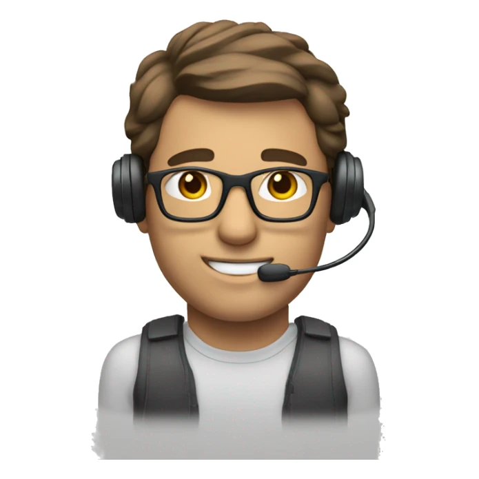 man with brown hair, glasses and a headset o sticker