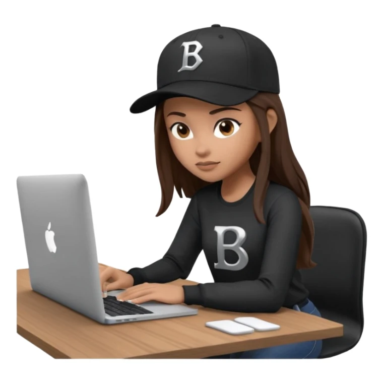 A professional 3D avatar of a young woman with light brown skin and long, dark brown hair, wearing a dark, long-sleeved shirt and a black baseball cap with a prominent white 'B' logo. She's sitting at a sleek wooden desk, typing on a silver MacBook. sticker