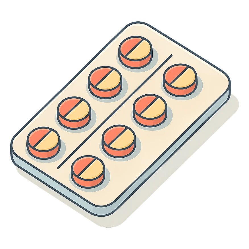blister pack with pills, 2D isometric style, soft rounded shapes, clean contours, pastel palette, detailed shadows and highlights, modern illustration sticker