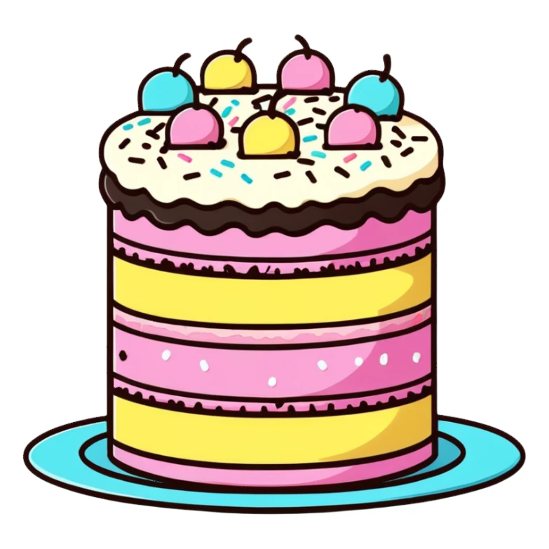 Colorful whole round layer cake with sprinkles and decorative icing sticker