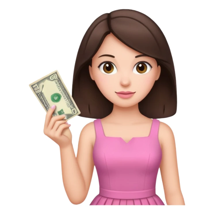 brunet Woman wearing pink dress holding dolar sticker