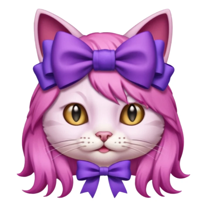 cat with pink long hair and purple bow on head sticker