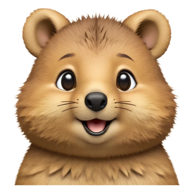 cinematic-realistic quokka-emoji,-small-round-frame, head tilted in an endearing manner, comical smile, round cheeks, giant-fluffy-cheeks-large-smile-fluffy-brown-fur-radiating-a-warm-softness,-big-round-eyes-filled-with-joy, realistic round  fluffy zoomed in, large black eyes one paw raised in the air sticker