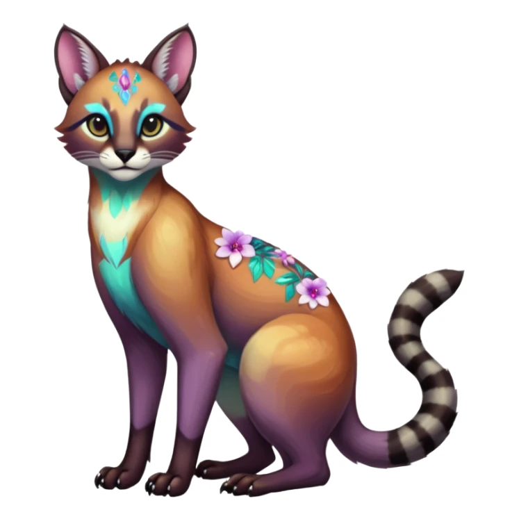 Colorful dark tropical white iridescent glorious divine exotic cute cool beautiful shiny beautiful floral fantasy-caracal-civet-genet-sergal-vernid-Cacomistle-oncilla-animal-Fakémon-hybrid-fursona (full body) sticker