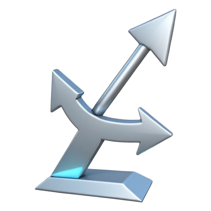 "iOS-style 3D emoji: a bold upward arrow emerging from a glowing base, with metallic edges and bright highlight." sticker