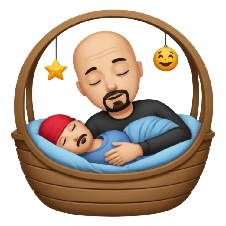 a bald, tan man who has a black goatee sleeping in a cradle sticker