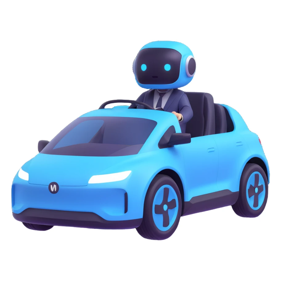 autonomous vehicle with a glowing AI agent at the wheel sticker