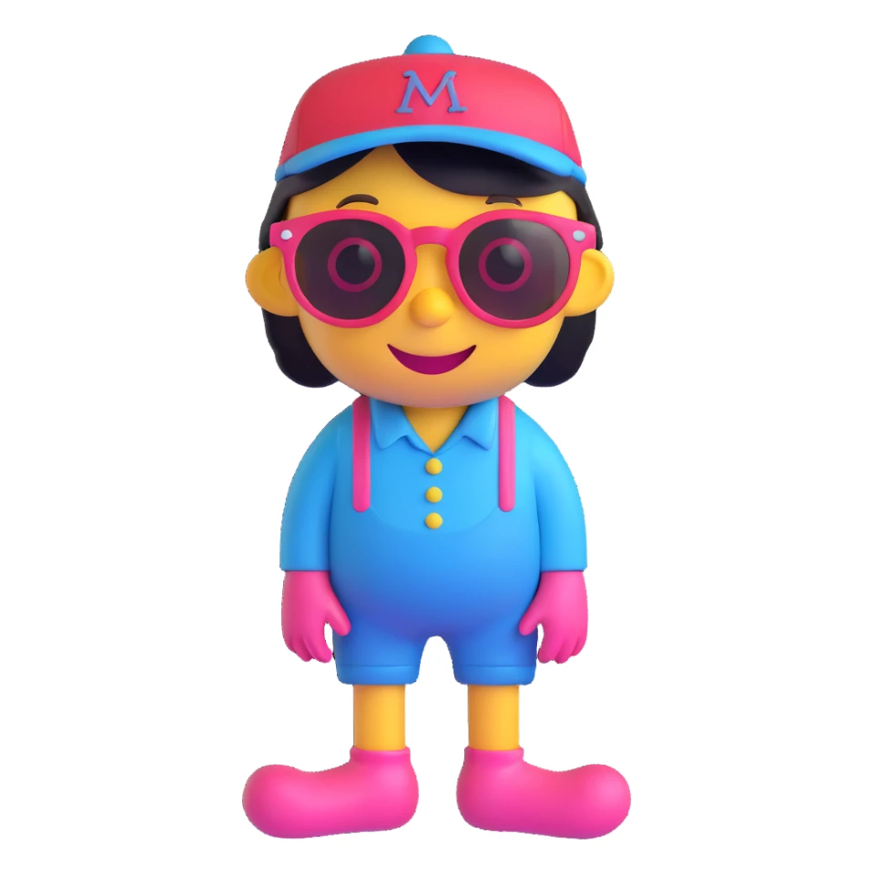 red and white character with pink eyes, wearing blue sunglasses, smiling, red socks, black and yellow hat sticker