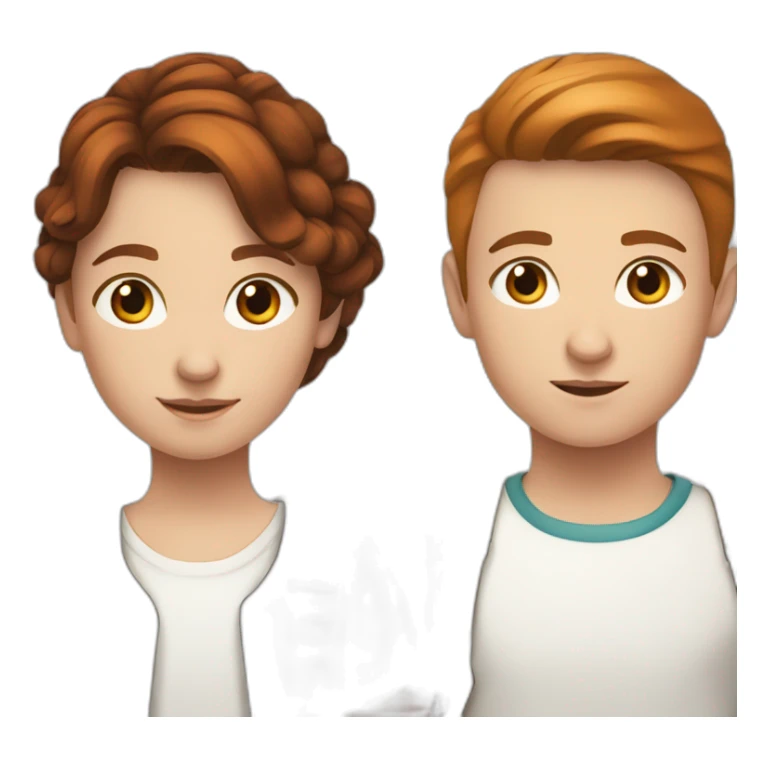 White young girl with dark copper-colored hair tied back with a white young boy with brown hair sticker