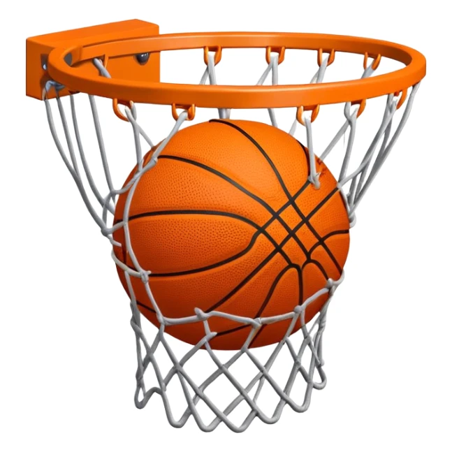 Simple orange basketball with NBA logo caught in basketball net from below perspective, iOS emoji style sticker