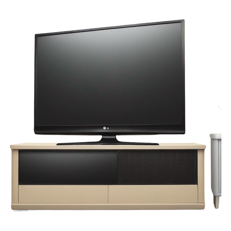 Lg tv with black screen on a beige tv stand sticker