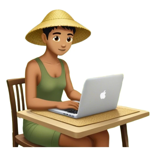 A digital nomad sits at a café in Bali, working on a laptop surrounded by lush green rice terraces and swaying palm trees sticker