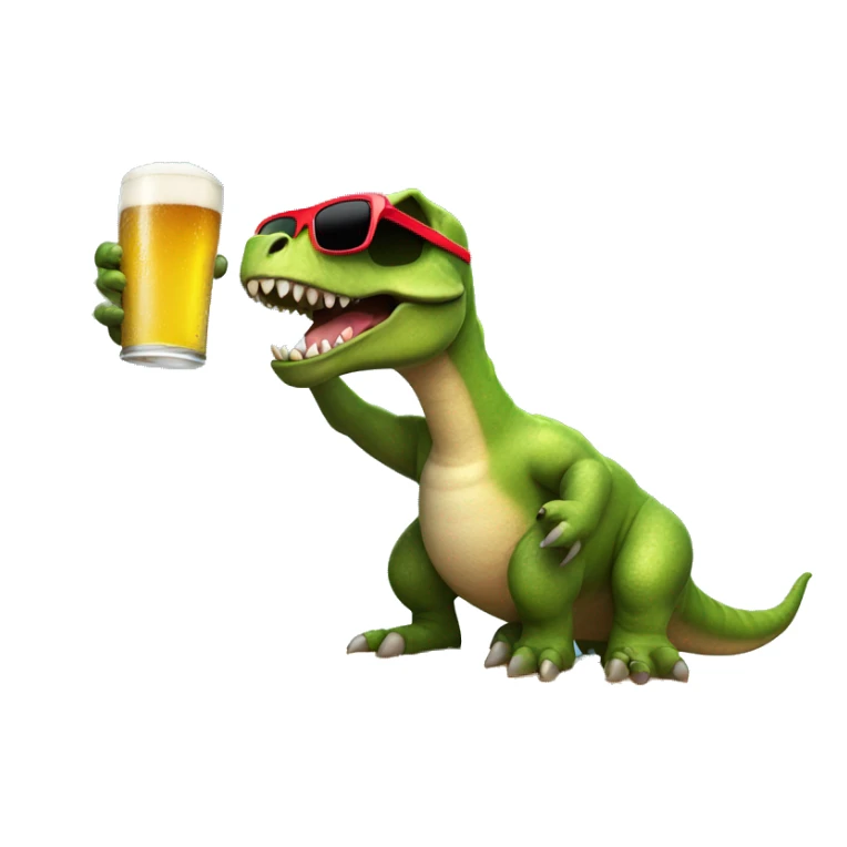 Dinosaur riding a surfboard with sunglasses on and drinking beer sticker