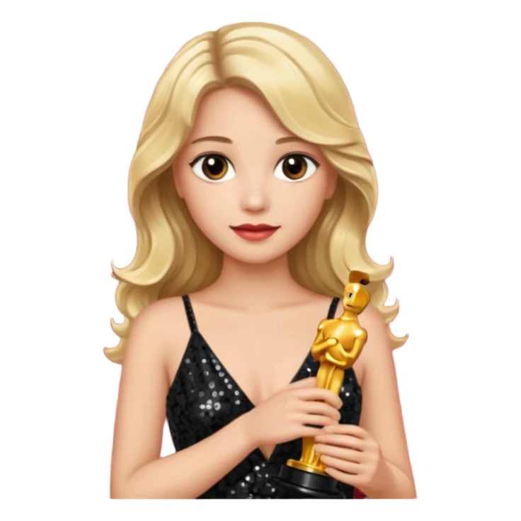 blonde model, brown eyes, long wavy hair, oscars red carpet, black sequin, holding oscar sticker