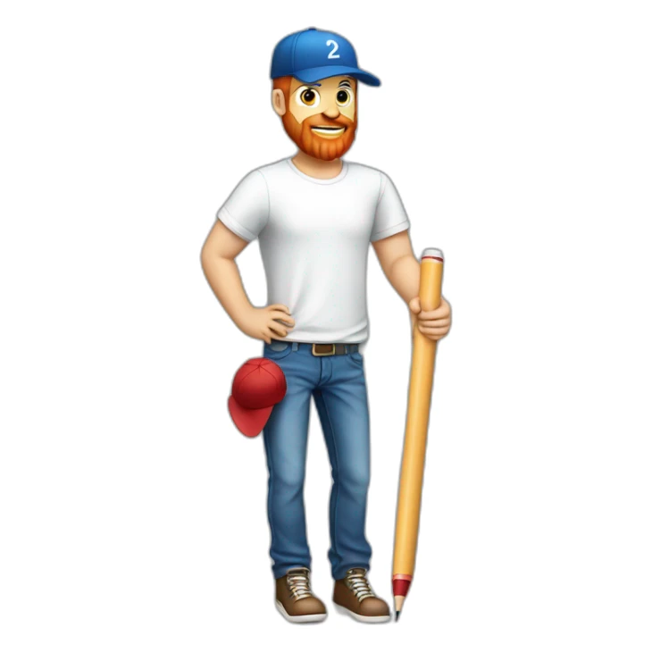 full body white man with red beard wearing baseball hat shirt jeans holding a huge pen w sticker