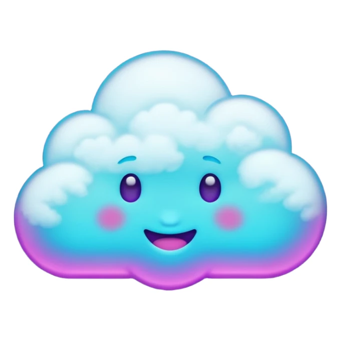 Small cloud with multiple emoji-style expressions (happy, sleepy, mischievous), glowing purple/cyan neon, playful aesthetic. sticker