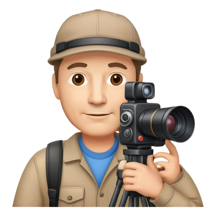middle age male film producer with cap and professional camera sticker